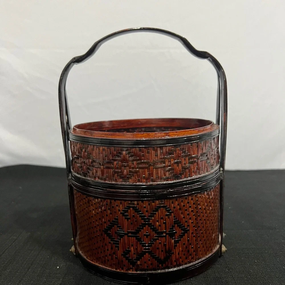 Vintage Chinese Woven Bamboo Wedding Basket Round Lacquered Wood Brass Art 208